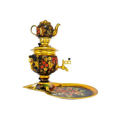 Samovar electric 3 liters "Round" in the set of "Classical Khokhloma" hand-painting (auto power off button)