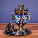 Samovar electric 3 liters "Tula" in the set "Zhostovo on blue" hand-painting (auto power off button)