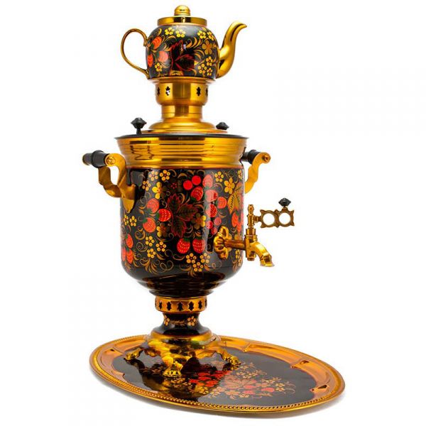 Samovar combined (electric or coal, charcoal, firewood) 5 liters "Classic" in the set of "Khokhloma" hand-painting