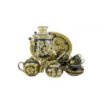Samovar electric 3 liters "Bank" in the set for tea drinking "Rooster on the Gold" hand-painting (auto power off button)