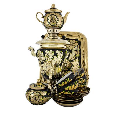 Samovar electric 3 liters "Cone" in the set for tea drinking "Cock on the Gold" hand-painting (auto power off button)