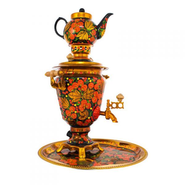 Samovar electric 3 liters "Cone" in the set of "Russian Khokhloma" hand-painting (auto power off button)