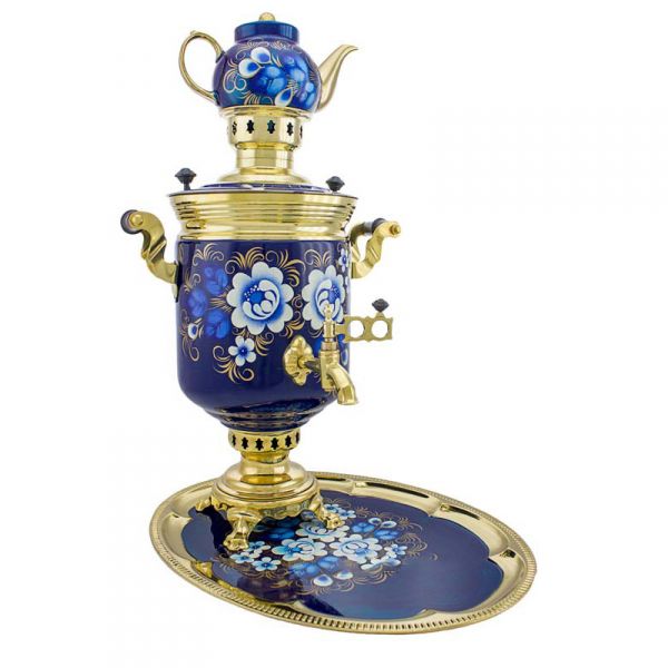 Samovar on coal, charcoal, firewood 5 liters "Classic" in the set "Zhostovo on blue" hand-painting