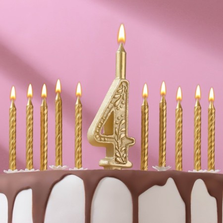 Set of candles number "4" + classic, gold, 10 cm