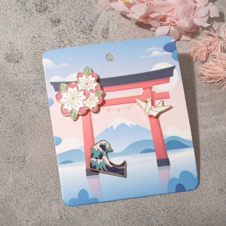 Set of icons (3 pcs.) "Japan" Sakura and a crane, colored in gold-1
