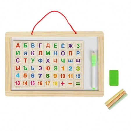 The board is bilateral, small, in the set of magnets with alphabet, a water -based marker, crayons, sponge-2