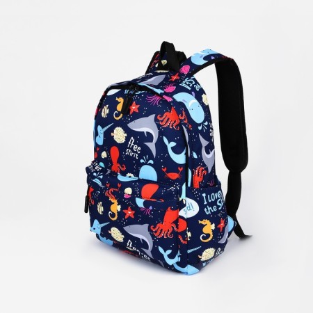 A backpack with a zipper, the color is blue