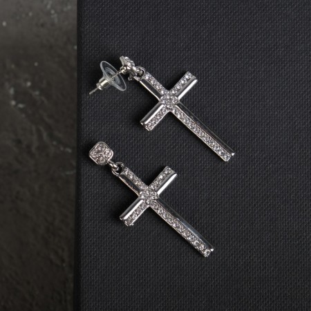 Earrings with rhinestones "crosses" stripes, white color in silver-2