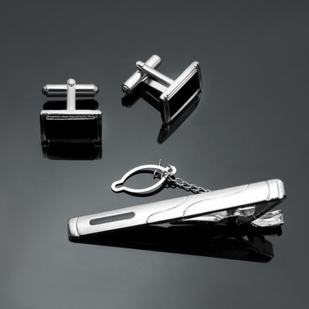 Set of male "Cufflink + tie clip" Rectangle with enamel, black-silver color-1