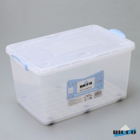 Storage container with a lid Ricco, 50 l, 61 × 39 × 32 cm, on wheels, color transparent color