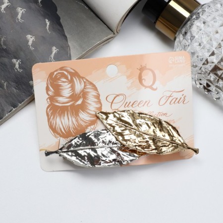 Hair clip "Lien" (set 2 pcs) leaves, 7 cm, silver-gold-2