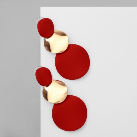 Earrings Metal "Azelia" circles, trio, red color in gold