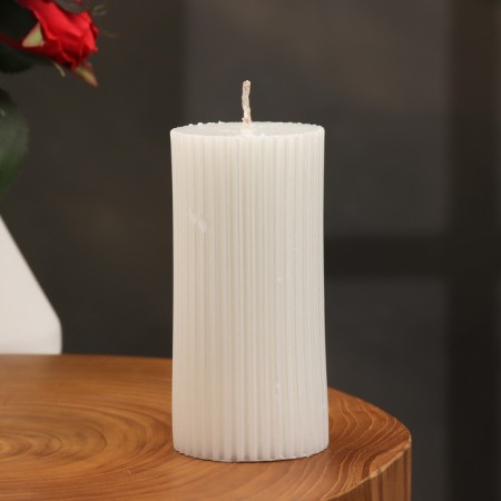Candle-cylinder with faces, 5x10 cm, pearl, 6 hours