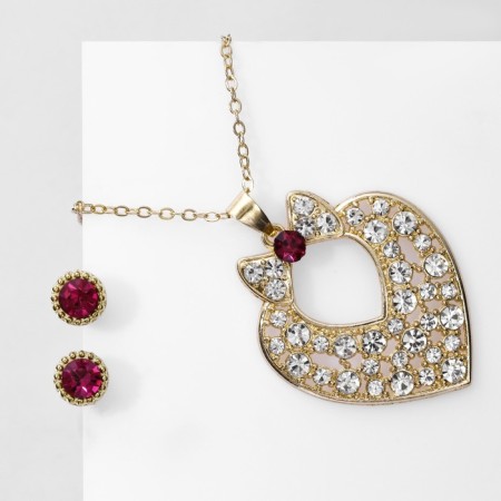 Set 2 objects: earrings, pendant "Heart" lady, color pink-white in gold, 48 cm