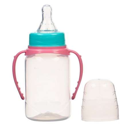 A bottle for feeding, classic throat, 150 ml., 0 months, cylinder, handles, turquoise/pink color