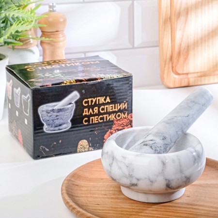 A mortar with a pestle is average, 130 ml, 5.5 cm, white marble-5