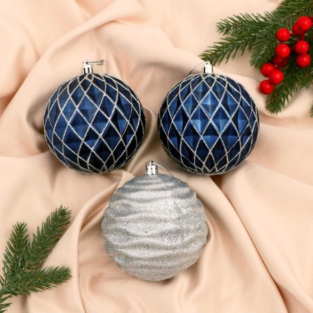 Set of balls plastic D-10 cm, 3 pcs "Cornelia mesh" silver-blue