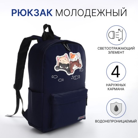 Youth backpack from textiles with a zipper, waterproof, 4 pockets, blue color