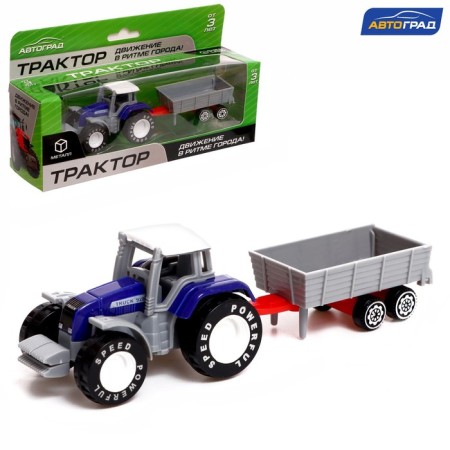 Metal “farmer” tractor, with a trailer, blue color