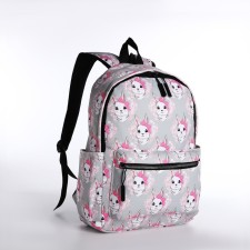 Youth backpack made of textiles, external pocket, gray color
