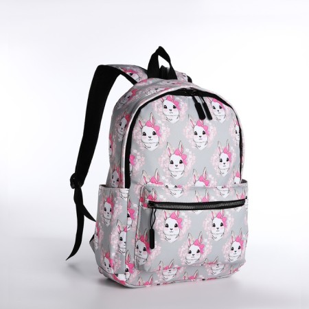 Youth backpack made of textiles, external pocket, gray color