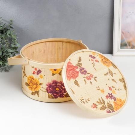Bamboo box "Garden with peonies" round, with handles 16x26x26 cm-1
