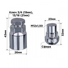 Secretary nuts Skyway, M12x1.50 32mm, closed sphere, 5 ray, 2 cl, chromium, set 4 pcs