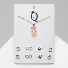 Set of 5 objects: earrings (4 pairs), pendant -pink pendant, pink color in silver, 40 cm