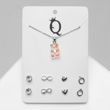 Set of 5 objects: earrings (4 pairs), pendant -pink pendant, pink color in silver, 40 cm
