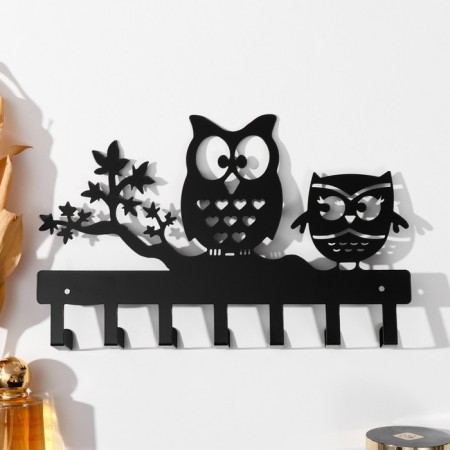 Decorative metal hooks "Two owls on the branch" Black 3x17.5x27 cm-3