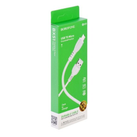 Cable Borofone BX51, microUSB - USB, 2.4 A, 1 m, PVC braid, white-3