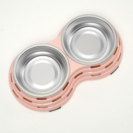 Metal dual bowl on a plastic base 2 x 160 ml, 25 x 14 x 5 cm, pink-2