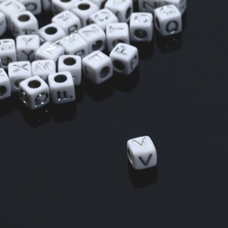 Acrylic bead "English letters" mix, silver, cube 6 × 6 mm, white color-1