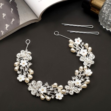 Hair accessory "Alba" butterflies Flower, 21.5x2.5 cm, silver-white