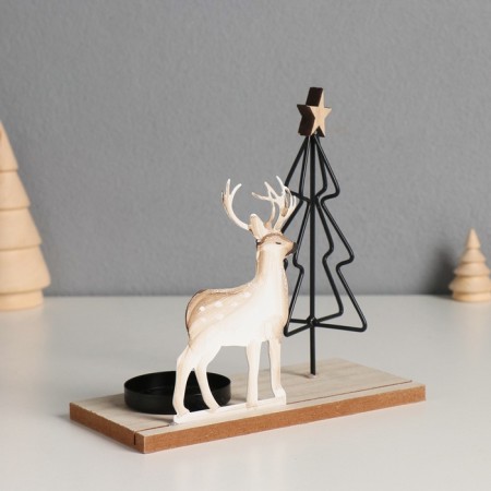 Climber metal, wood on 1 candle "Deer at the Christmas tree" d = 4 cm 7.5x16x16 cm-2