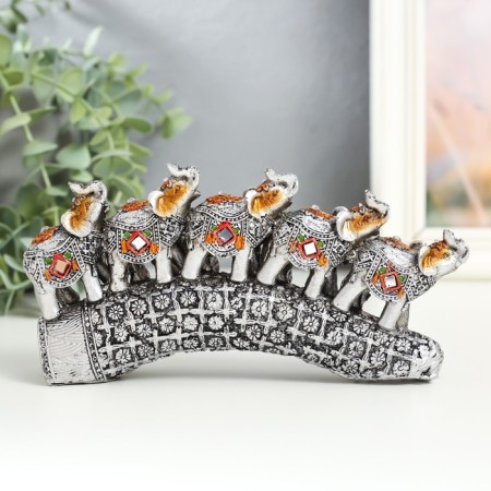 Polystone souvenir "Five elephants on a tusk with flowers" silver 17x4x8 cm-3