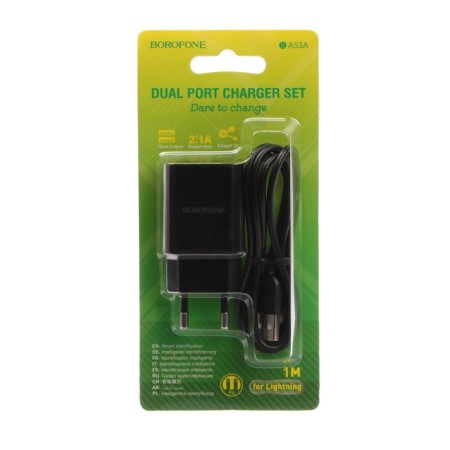 Network charger Borofone BA53A, 2XUSB, 2.1 A, Lightning cable, 1 m, black-6