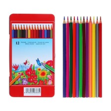 Pencils of watercolor 12 colors, wooden housing, hexagonal, in a metal box