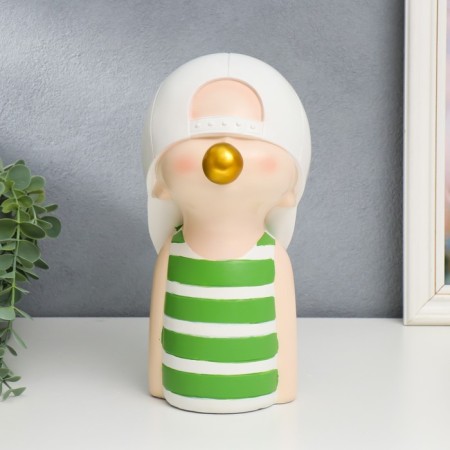 Polystone souvenir "Baby in a white baseball cap, with a gold bubble" Green strip 26x15x18 cm-1
