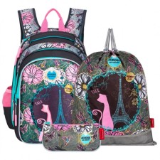 Frame backpack 39 x 29 x 17 cm, Across 410, filling: bag, pencil case, gray/pink ACR22-410-13