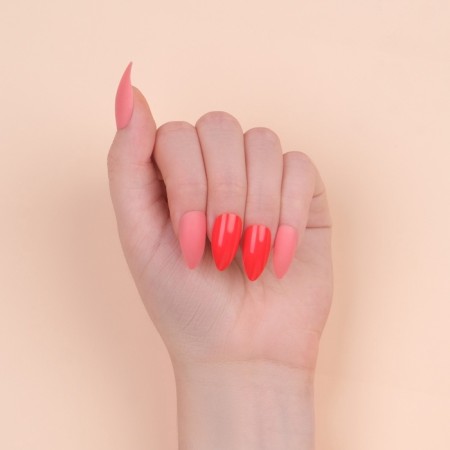 False nails, 24 pcs, with adhesive plates, almond shape, neon/matte pink color-12