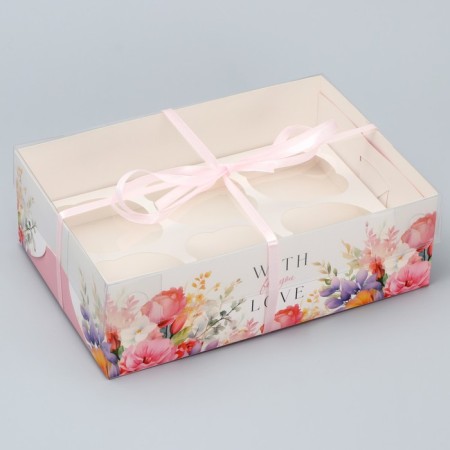 Capcake box, confectionery packaging, 6 cells "with warmth and love", 23 x 16 x 7.5 cm