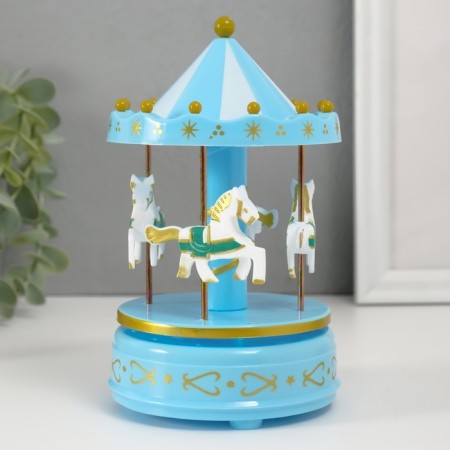 Musical mechanical souvenir "Carousel 4 horses" Blue 9.6x9.6x15.5 cm-1