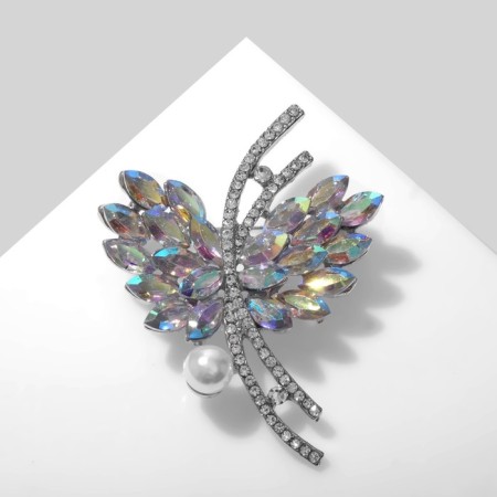Brooch "Butterfly" with bead, rainbow color in silver