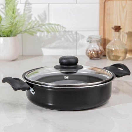 Consul, 1.5 l, D = 20 cm, glass cover, plastic handles, anti-stick coating, black color, black-4