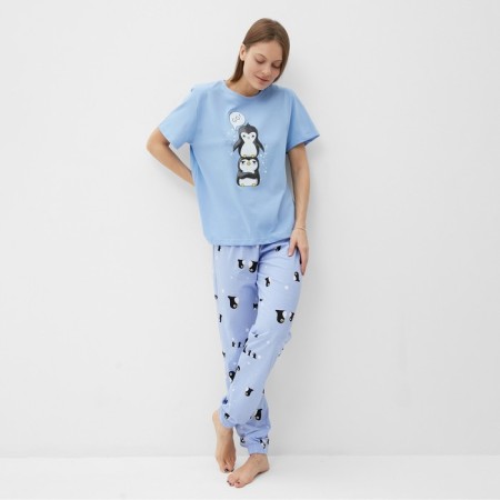 Homemade female set (T -shirt and trousers), blue color, size 50