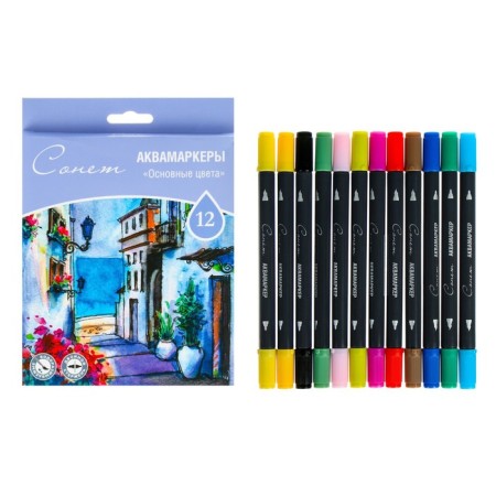 A set of art markers "Sonnet", 12 colors, water base, bilateral: bullet/brush, basic colors, 150411173
