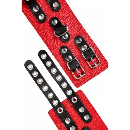 An handcuffs Pecado BDSM, soft with two handle straps, genuine leather, red-black 93243-6