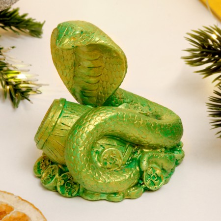 Figure "Snake on money with a barrel" Green with gilding, 6x6x5cm-3