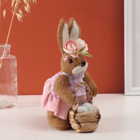 Decor "Zayushka in a pink dress with a basket with testicles" 14x22x10 cm-1
